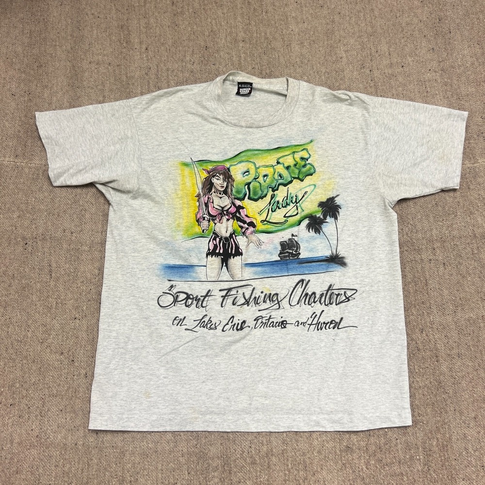 Vintage Pirate Lady Fishing Charter Shirt Mens XL Gray‎ 1990s Ontario